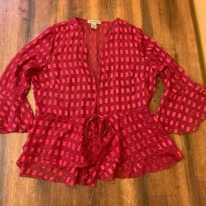 Notations top women’s large red tie front ruffle bell 3/4 sleeves sheer